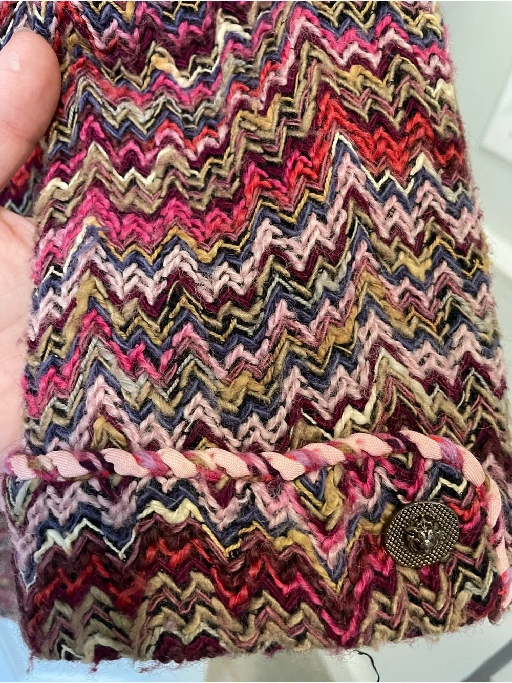 Vintage 1960s Pink Multicolor Flame Chevron Tweed Skirt Suit Set